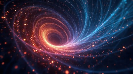 Poster - An abstract digital rendering of a swirling vortex with glowing particles and light trails, creating a sense of dynamic energy and depth
