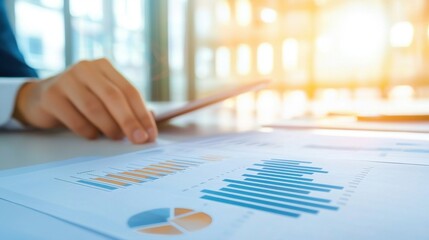 Poster - business analyst reviewing financial reports and charts for insights