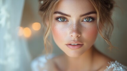 Poster - A young woman gazes directly at the viewer with striking blue eyes and delicate freckles. Soft lighting enhances her natural beauty, while a subtle background creates an elegant atmosphere.