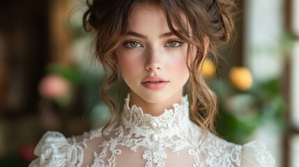 Poster - Captured in a serene environment, a young woman poses with a thoughtful expression. She wears a delicate lace outfit, surrounded by lush greenery and blooming flowers, evoking a sense of elegance.