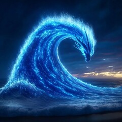 Wall Mural - storm swirl marine weather. a majestic blue wave resembling a dragon, crashing against the shore und