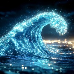 Wall Mural - storm swirl marine weather. a luminous wave rises from a tranquil sea, sparkling with vibrant blue h