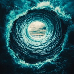 Wall Mural - storm swirl marine weather. a mesmerizing ocean wave forms a circular tunnel, revealing a serene vie