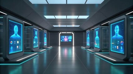 Poster - Futuristic corridor with holographic displays featuring digital avatars and information panels.
