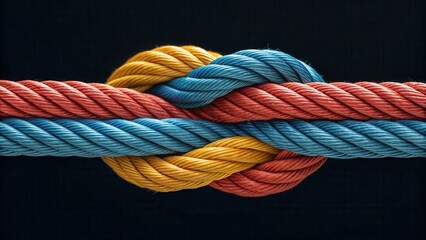 Poster - Colorful ropes intricately tied together against a dark background.