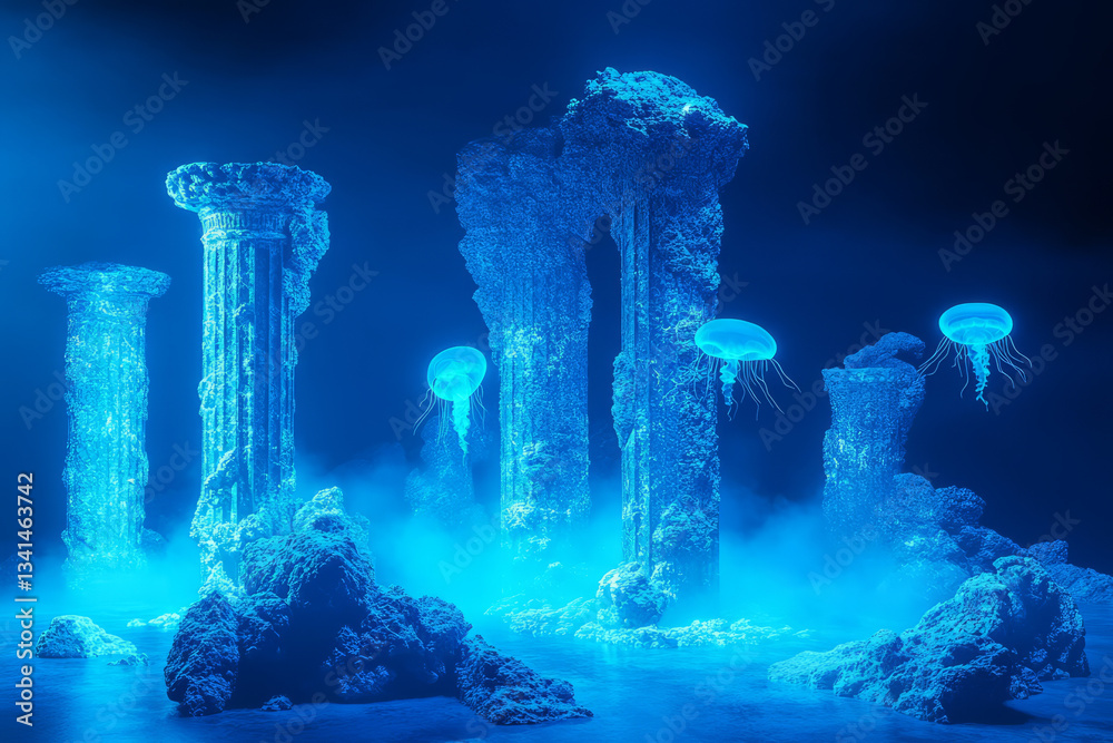 A mystical underwater temple 3D background room with giant glowing ...