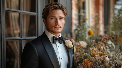 Poster - A stylish groom stands confidently next to a colorful floral display in a beautifully decorated venue. The atmosphere conveys elegance and romance, perfect for a wedding ceremony.