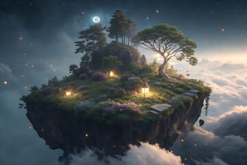 Wall Mural - Immerse yourself in ethereal wonder of a celestial realm, where a floating island beckons with its surreal vistas, defying laws of nature and exuding an aura of enchantment that transports you close u