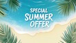 © kodidesign - Tropical Summer Sale Promotion on a Beach Background with Palm Leaves, Ideal for Travel Agencies, Summer Discounts, Vacation Deals, and Social Media Advertisements in a Vibrant Blue and Sandy Color Pa