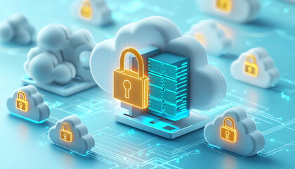 Poster - Secure cloud storage with padlock symbolizing data protection, showcasing modern technology concept