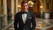 © Prostock-studio - A poised man wears a classic tuxedo, exuding charm in a grand hall. The ornate architecture and soft lighting enhance the sophisticated atmosphere, showcasing elegance and style.