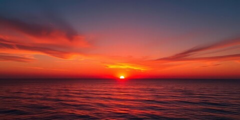 Wall Mural - crimson sunset blazes across the ocean, long shadows stretch on the water's surface, sunset, sunligh