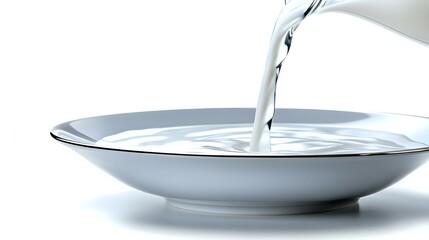 Poster - Pouring fresh milk into white ceramic plate creating dynamic splash and ripple effect against light background, showcasing liquid motion and fluidity.