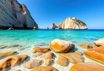 Wall Mural - crystal-clear turquoise water laps smooth rocks on a pristine beach, stunning cliffs in the distance