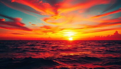 Wall Mural - fiery sunset paints the ocean in vibrant hues, reflecting dazzling colors, idyllic, breathtaking