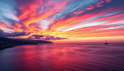 Wall Mural - fiery sunset paints majorca's coastline, dramatic sky over tranquil sea, colorful, calm