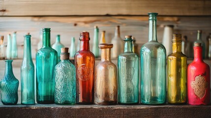 a display of vintage glass bottles in various shapes and colors.