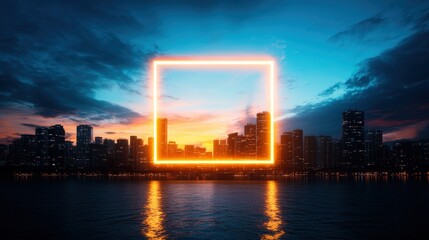Poster - A glowing orange neon square frame hovers over an illuminated cityscape du sunset, casting reflections on the shimme water surface below it