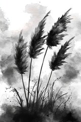 Wall Mural - watercolor grasses, minimalistic black and white nature illustration, abstract meadow plants