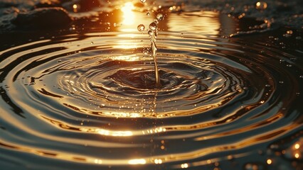Poster - A close-up of water droplets falling into the center of a puddle, creating ripples on the surface with golden sunlight reflected in the background.