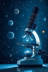 Futuristic Microscope with Cosmic Background Featuring Planets and Stars