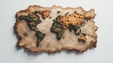 Poster - A Textured Three-Dimensional World Map Rendered in Shades of Brown and Green Against a Plain White Backdrop with Irregularly Shaped Edges and Depth
