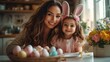 © NE97 - A joyful scene of a woman and child painting Easter eggs, capturing family fun and creativity, perfect for Easter celebrations, spring events, and children's activities.