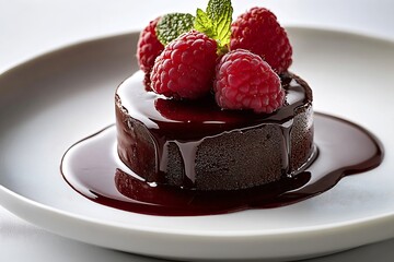 Poster - Delicious chocolate cake topped with fresh raspberries and mint garnished for an exquisite dessert : Generative AI