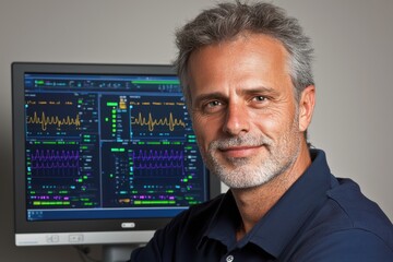 Poster - A confident tech professional smiles while working on a computer, showcasing advanced data analysis and solutions for modern challenges.
