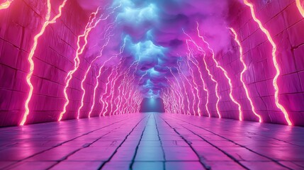 Poster - Neon Pathway: A captivating digital artwork depicts a futuristic tunnel illuminated by vibrant neon lights, creating an atmosphere of mystery and technological advancement.