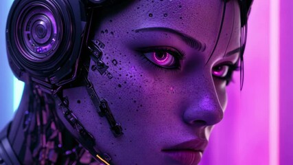 Poster - Cinematic close-up of a female cyborg with purple tones highlighting intricate details, Female cyborg portrait cinematic close up purple