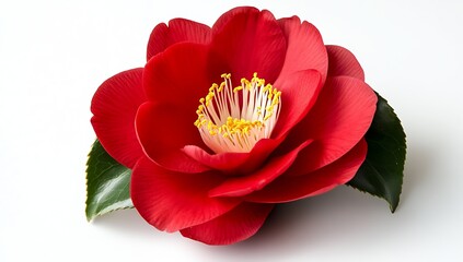 Poster - Stunning red camellia flower showcasing delicate petals and vibrant colors on a pure white backdrop : Generative AI