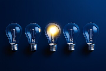 Leinwandbilder - Shimmering light bulb marks unique presence amidst other conventional bulbs on blue backdrop : Generative AI
