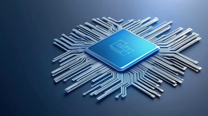 Poster - A futuristic microchip design showcasing intricate circuitry and advanced technology in a sleek blue color scheme.