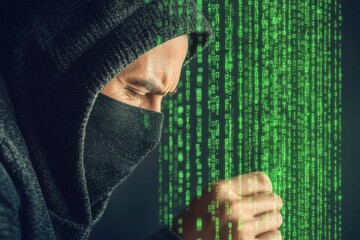 Poster - A hacker in a dark hoodie, focusing on digital code, representing cybersecurity and the complexity of technology.