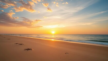 Wall Mural - golden sunrise paints sky, illuminating tranquil sandy beach, image, coastline