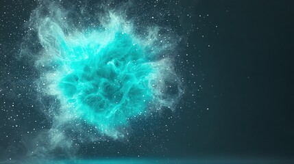 Poster - A stunning visual of vibrant blue-green smoke and particles floating in a dark space, creating an ethereal and mystical atmosphere.