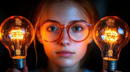 Poster - Woman holding two light bulbs in each hand representing evolution of ideas and creative conceptual thinking