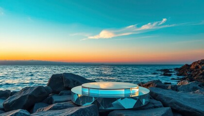 Wall Mural - reflective diamond glass podium on rocks, sunset ocean backdrop, twilight, image