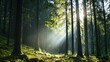 © nattapon - A serene forest scene with sunlight filtering through tall trees, casting soft rays onto lush green undergrowth, Perfect for nature-themed projects, wellness content, or relaxation visuals,