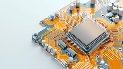 Poster - Close-up of a computer circuit board with golden connections and a central processing unit, showcasing intricate electronic design.