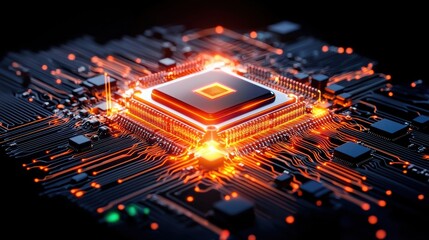 Poster - Close-up of a glowing microchip on a circuit board, showcasing intricate patterns and lighting effects in a technological environment.