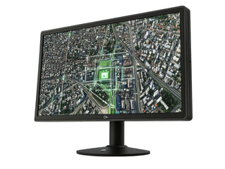 high resolution computer monitor displaying detailed city map with urban layout, technology visualiz