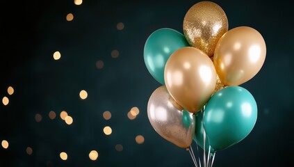 Poster - Teal and gold balloons, celebration, dark background, bokeh