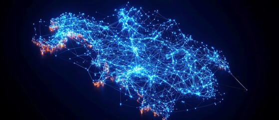 Poster - Digital map of Sweden featuring glowing blue data nodes and intricate network lines on a dark, tech-inspired backdrop, showcasing contemporary connectivity and data visualization.