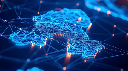 Poster - Glowing Data Network Map of Sweden, intricate blue nodes and fine lines illustrating modern connectivity against a dark, tech-inspired backdrop, emphasizing digital infrastructure.