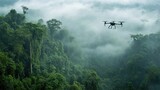 Remote sensing drone flying over misty rainforest canopy, surveillance technology