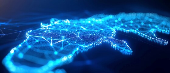 Fototapete - Futuristic UAE Map with Luminous Data Nodes, intricate blue network lines illuminated against a sophisticated dark-blue technological backdrop, showcasing advanced connectivity and innovation