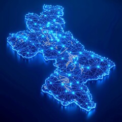 Poster - Futuristic Map of Norway, intricate glowing blue nodes and digital network streams, deep blue backdrop highlighting advanced technology and connectivity
