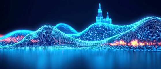Poster - Futuristic Map of Norway, intricate glowing blue nodes and digital network streams, deep blue background highlights technological advancement and connectivity across the region